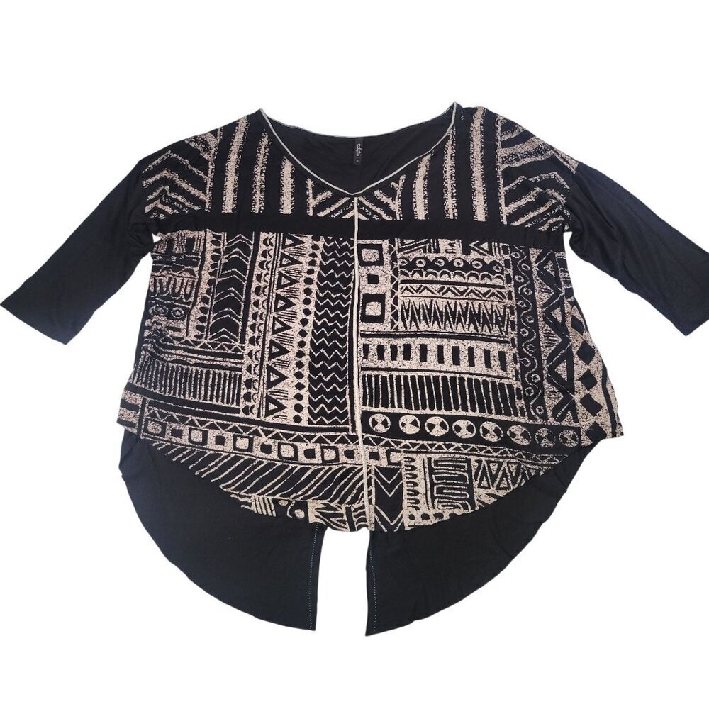 Edista Black & Beige Geometric Print Asymmetrical Hem Top Size S